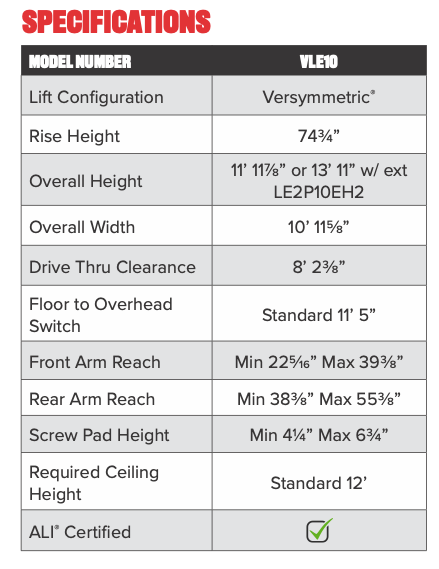 CHALLENGER 2-POST LIFT MODEL VLE10 10K VERSYMMETRIC®