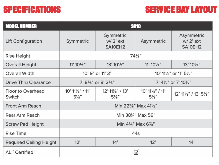 CHALLENGER 2-POST LIFT MODEL SA10 10K